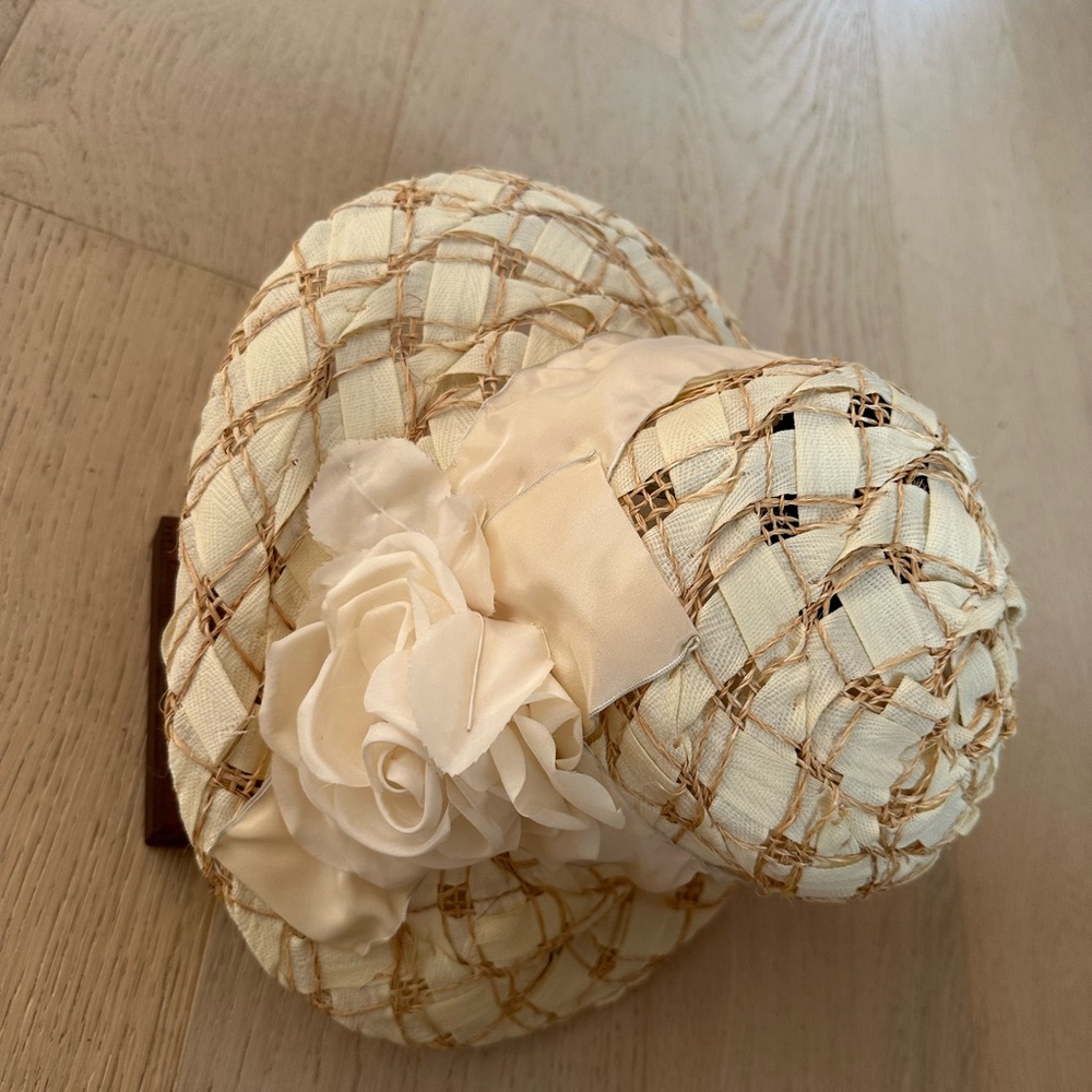 Cream and Tan Woven Hat with Floral Accent
